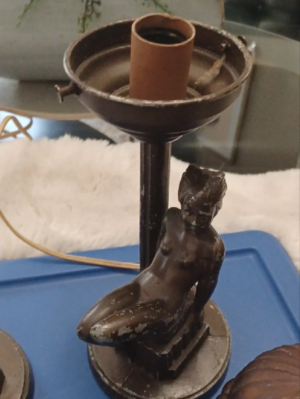 Vintage Bronze Figurine Table Lamps with Amber Glass Shades, Lamps Do Not Work.